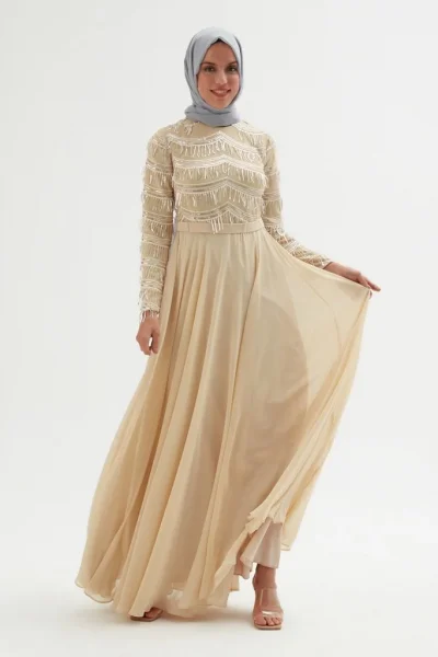 Payetli Abiye Elbise 718-Bej
