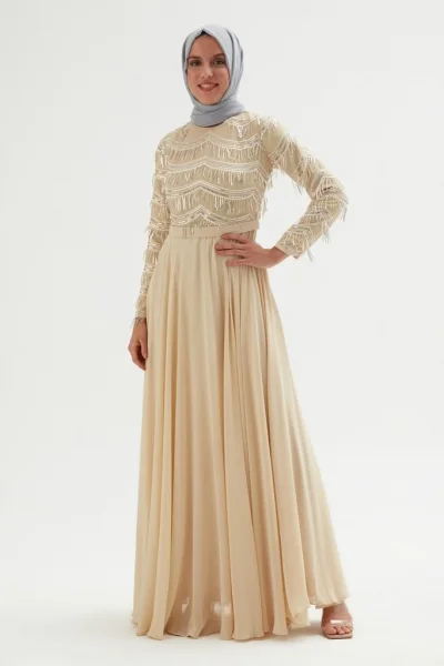 Payetli Abiye Elbise 718-Bej