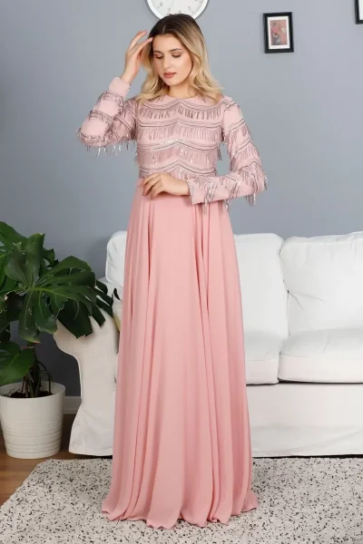 Payetli Abiye Elbise 718-Pudra