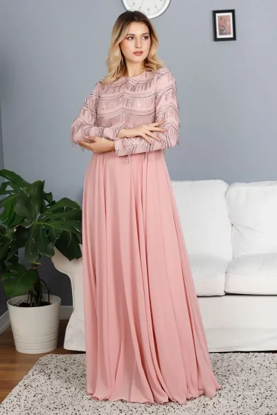 Payetli Abiye Elbise 718-Pudra