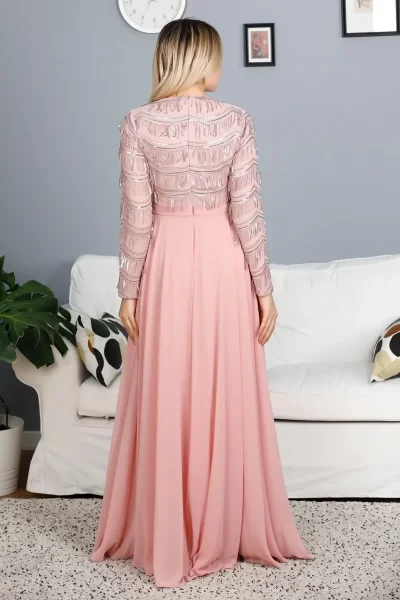 Payetli Abiye Elbise 718-Pudra