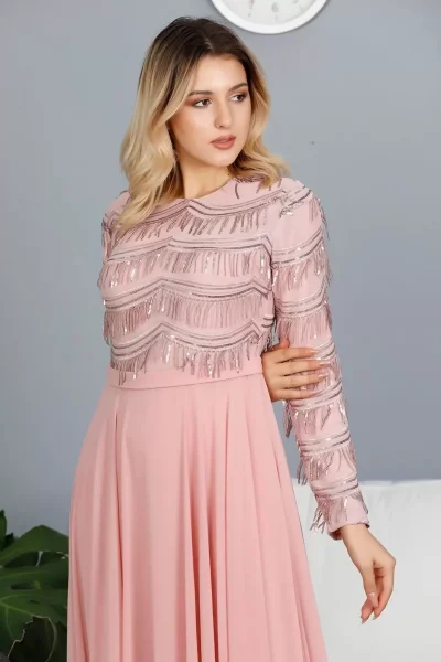 Payetli Abiye Elbise 718-Pudra