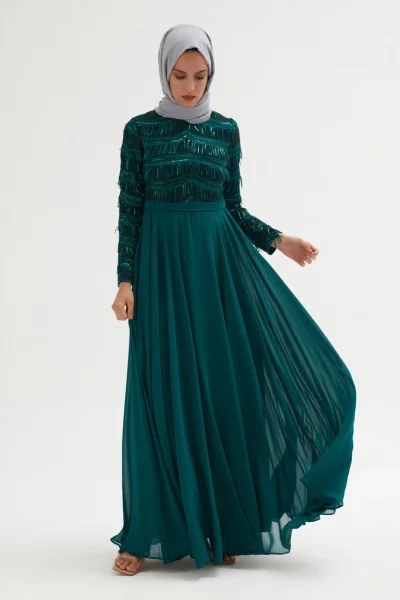 Payetli Abiye Elbise 718-Yeşil