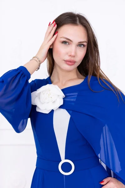 Pelerin ve Çiçek Detaylı Abiye Elbise 2746-Saks