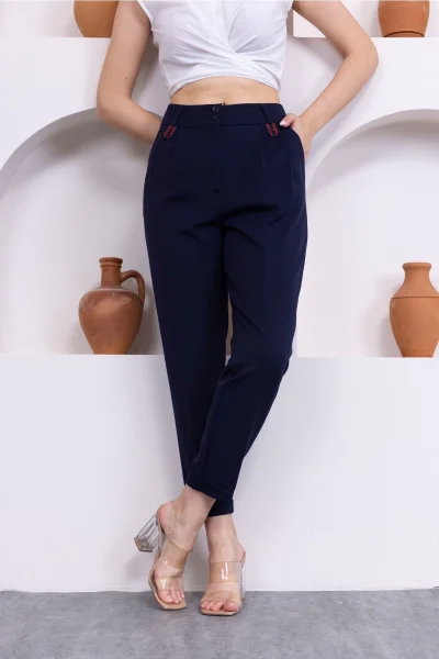 Pile Detaylı Duble Paça Kadın Kumaş Pantolon 324-Lacivert