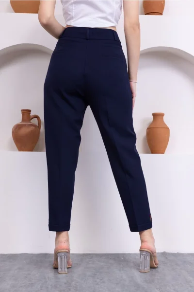 Pile Detaylı Duble Paça Kadın Kumaş Pantolon 324-Lacivert