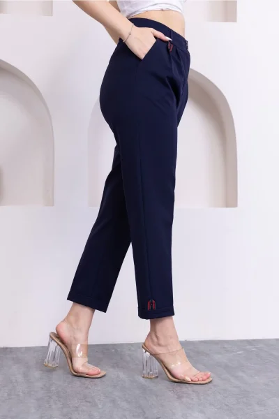 Pile Detaylı Duble Paça Kadın Kumaş Pantolon 324-Lacivert