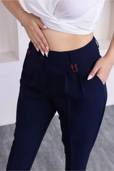 Pile Detaylı Duble Paça Kadın Kumaş Pantolon 324-Lacivert