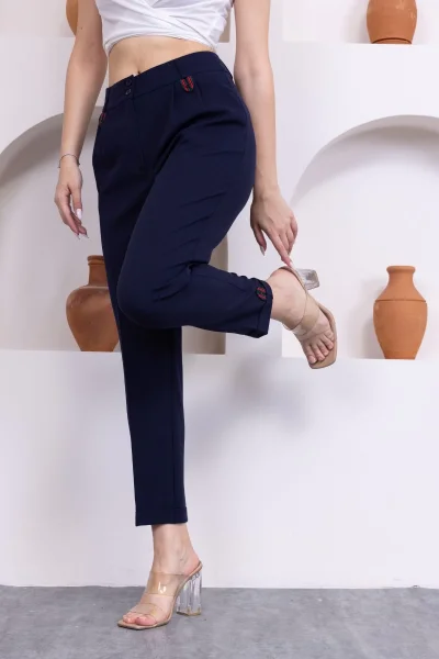 Pile Detaylı Duble Paça Kadın Kumaş Pantolon 324-Lacivert