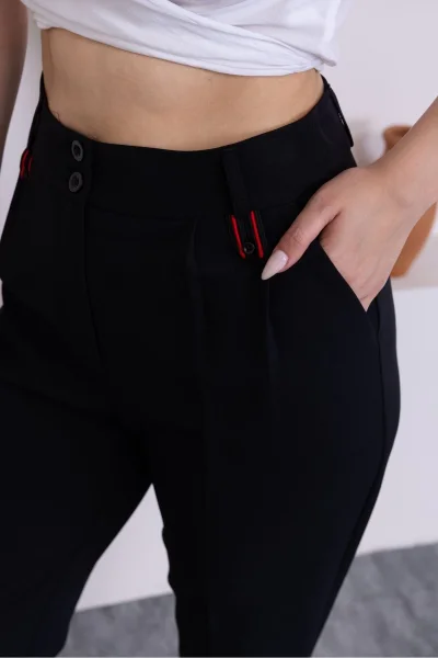Pile Detaylı Duble Paça Kadın Kumaş Pantolon 324-Siyah