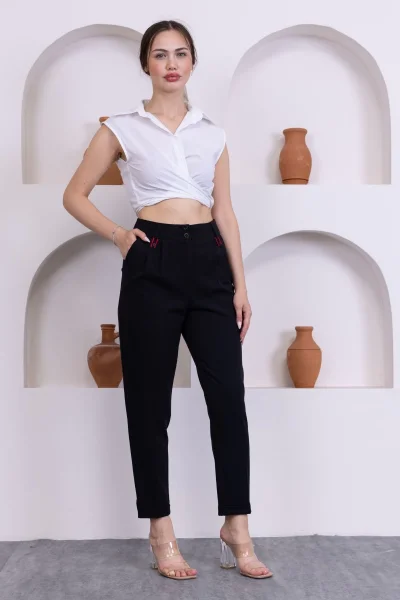 Pile Detaylı Duble Paça Kadın Kumaş Pantolon 324-Siyah