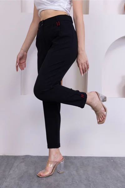 Pile Detaylı Duble Paça Kadın Kumaş Pantolon 324-Siyah