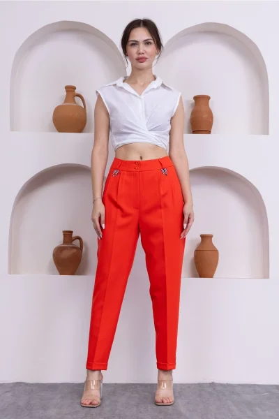 Pile Detaylı Duble Paça Kadın Kumaş Pantolon 324-Mercan