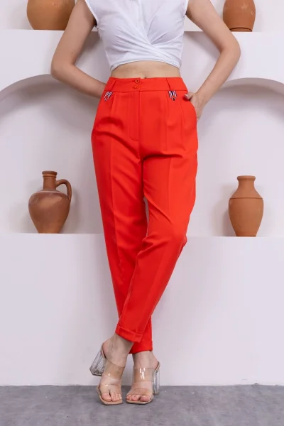 Pile Detaylı Duble Paça Kadın Kumaş Pantolon 324-Mercan