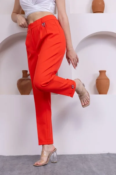 Pile Detaylı Duble Paça Kadın Kumaş Pantolon 324-Mercan