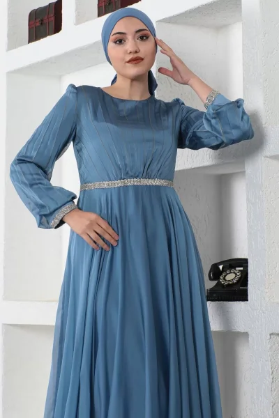 Pilise Detaylı Tesettür Abiye Elbise 753-İndigo
