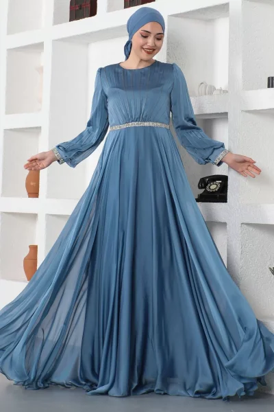 Pilise Detaylı Tesettür Abiye Elbise 753-İndigo