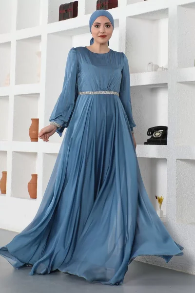 Pilise Detaylı Tesettür Abiye Elbise 753-İndigo
