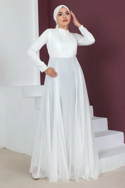 Plise Detaylı Boncuklu Tesettür Abiye Elbise 761-Beyaz
