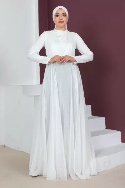 Plise Detaylı Boncuklu Tesettür Abiye Elbise 761-Beyaz