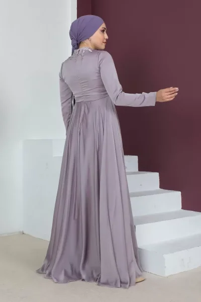 Plise Detaylı Boncuklu Tesettür Abiye Elbise 761-Gül Kurusu