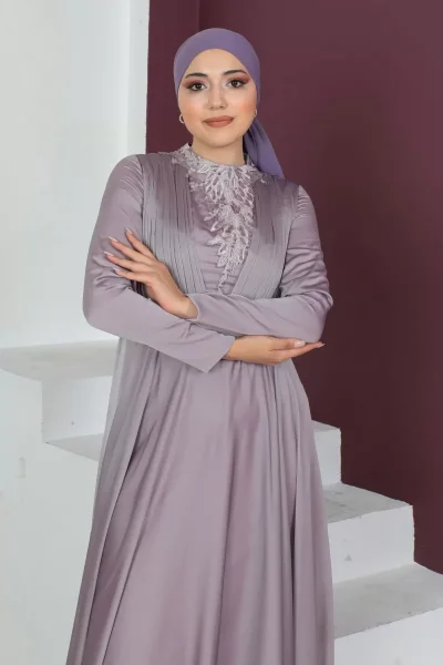 Plise Detaylı Boncuklu Tesettür Abiye Elbise 761-Gül Kurusu
