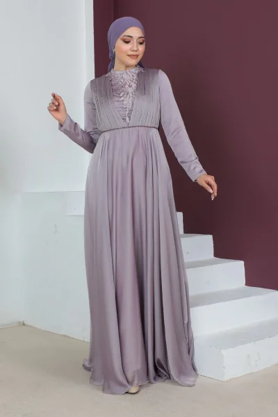Plise Detaylı Boncuklu Tesettür Abiye Elbise 761-Gül Kurusu