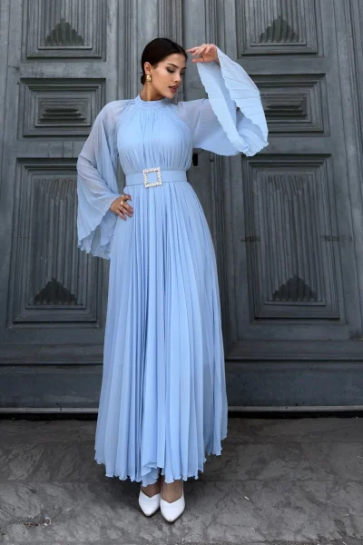 Plise Detaylı Kemerli Rahat Form Abiye Elbise 2183-Bebe Mavisi