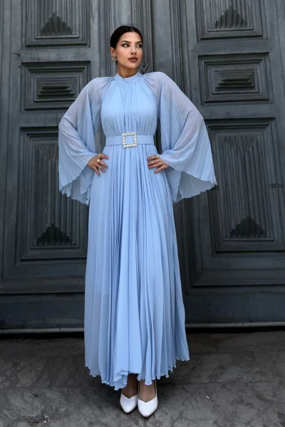 Plise Detaylı Kemerli Rahat Form Abiye Elbise 2183-Bebe Mavisi