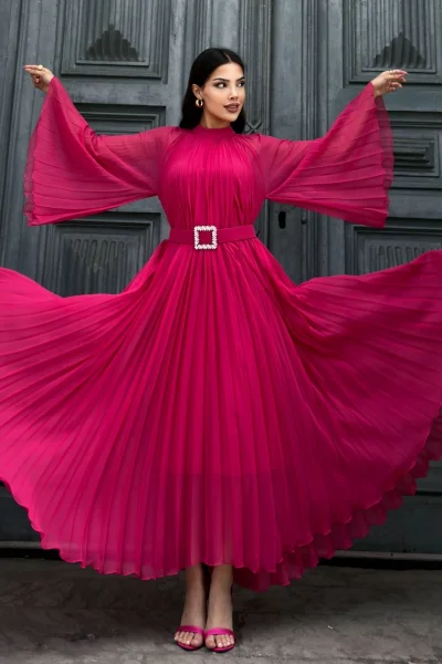 Plise Detaylı Kemerli Rahat Form Abiye Elbise 2183-Fuşya