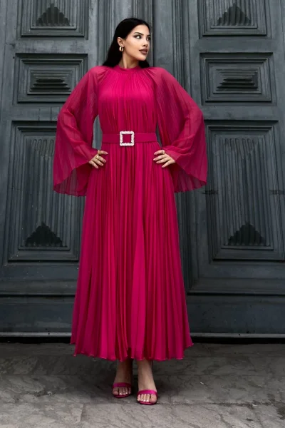 Plise Detaylı Kemerli Rahat Form Abiye Elbise 2183-Fuşya