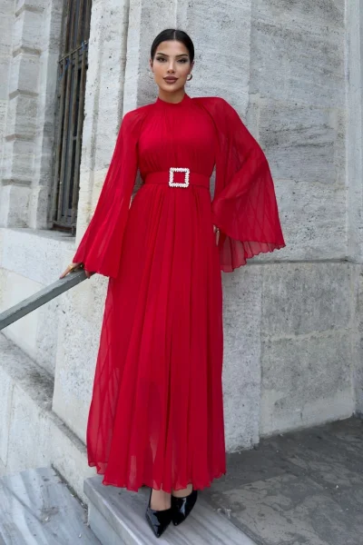 Plise Detaylı Kemerli Rahat Form Abiye Elbise 2183-Kırmızı