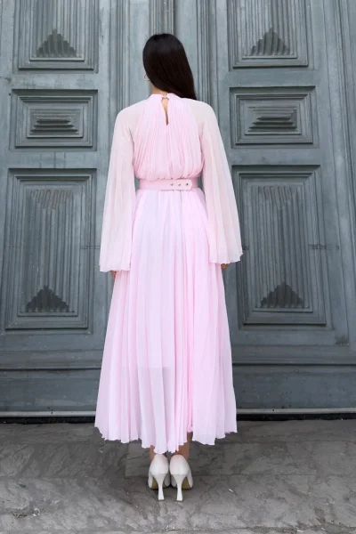 Plise Detaylı Kemerli Rahat Form Abiye Elbise 2183-Pembe