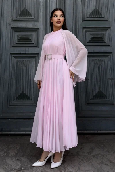 Plise Detaylı Kemerli Rahat Form Abiye Elbise 2183-Pembe