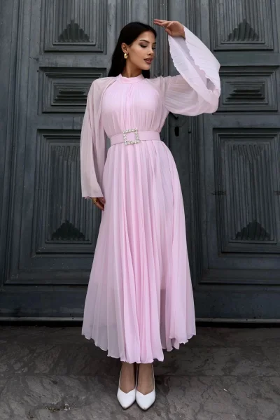 Plise Detaylı Kemerli Rahat Form Abiye Elbise 2183-Pembe