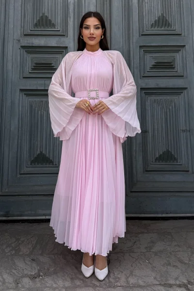 Plise Detaylı Kemerli Rahat Form Abiye Elbise 2183-Pembe