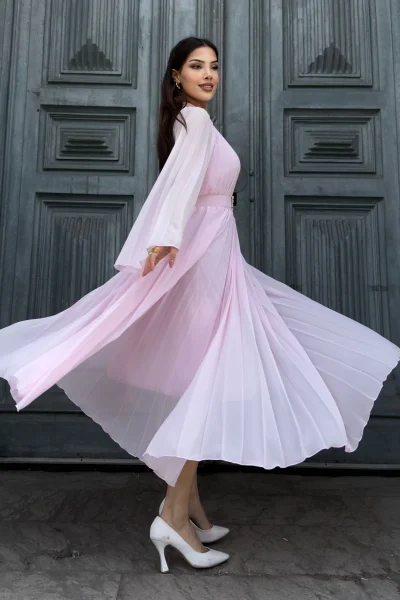 Plise Detaylı Kemerli Rahat Form Abiye Elbise 2183-Pembe