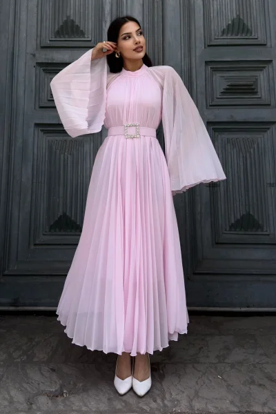 Plise Detaylı Kemerli Rahat Form Abiye Elbise 2183-Pembe