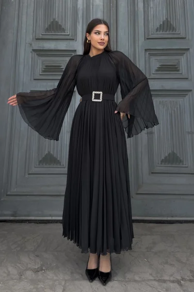 Plise Detaylı Kemerli Rahat Form Abiye Elbise 2183-Siyah