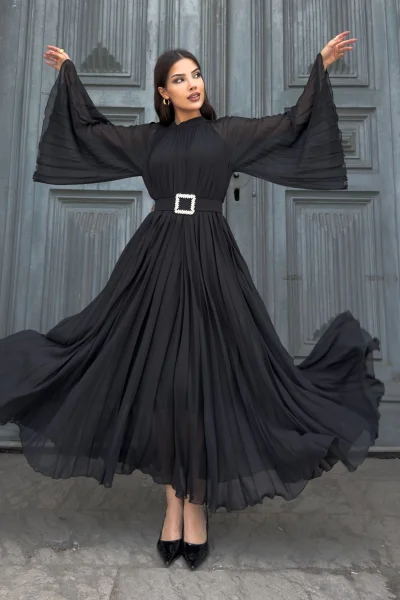 Plise Detaylı Kemerli Rahat Form Abiye Elbise 2183-Siyah