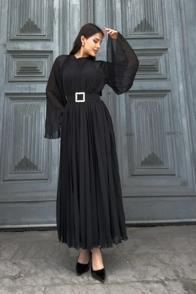 Plise Detaylı Kemerli Rahat Form Abiye Elbise 2183-Siyah