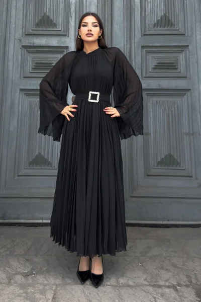 Plise Detaylı Kemerli Rahat Form Abiye Elbise 2183-Siyah
