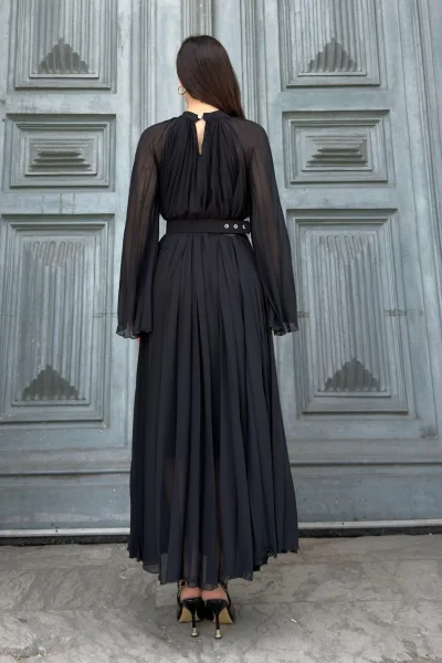 Plise Detaylı Kemerli Rahat Form Abiye Elbise 2183-Siyah