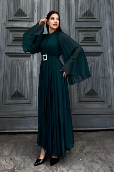 Plise Detaylı Kemerli Rahat Form Abiye Elbise 2183-Yeşil