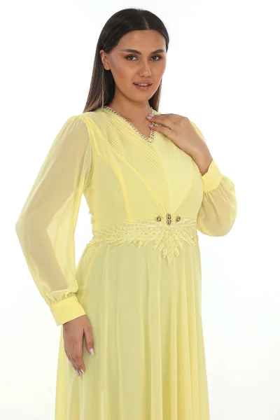 Plise Ve Boncuk Detaylı Büyük Beden Elbise 2213- Sarı