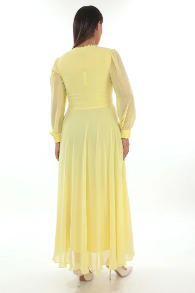Plise Ve Boncuk Detaylı Büyük Beden Elbise 2213- Sarı