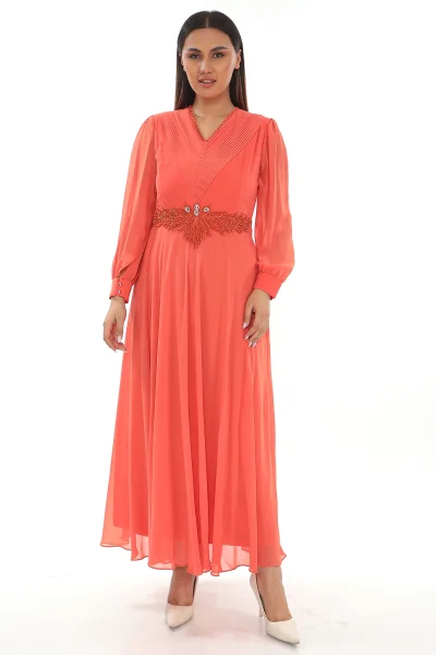Plise Ve Boncuk Detaylı Büyük Beden Elbise 2213- Turuncu