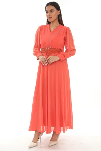 Plise Ve Boncuk Detaylı Büyük Beden Elbise 2213- Turuncu