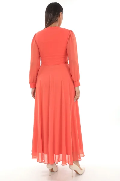 Plise Ve Boncuk Detaylı Büyük Beden Elbise 2213- Turuncu