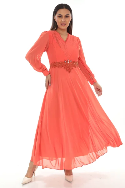 Plise Ve Boncuk Detaylı Büyük Beden Elbise 2213- Turuncu